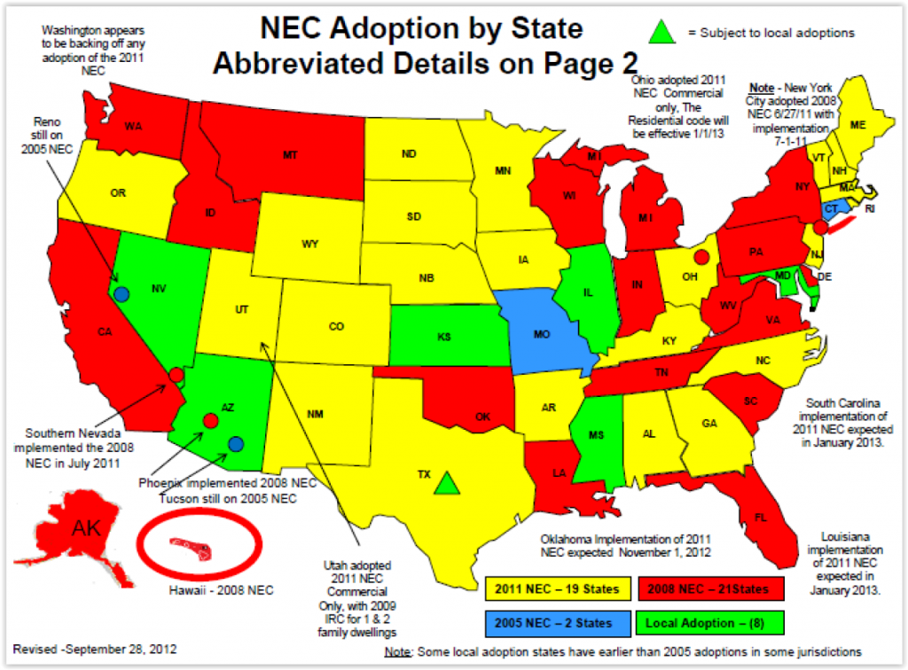 Рисунок 4. Годы принятия NEC® по штатам по состоянию на 28 сентября 2012 г.